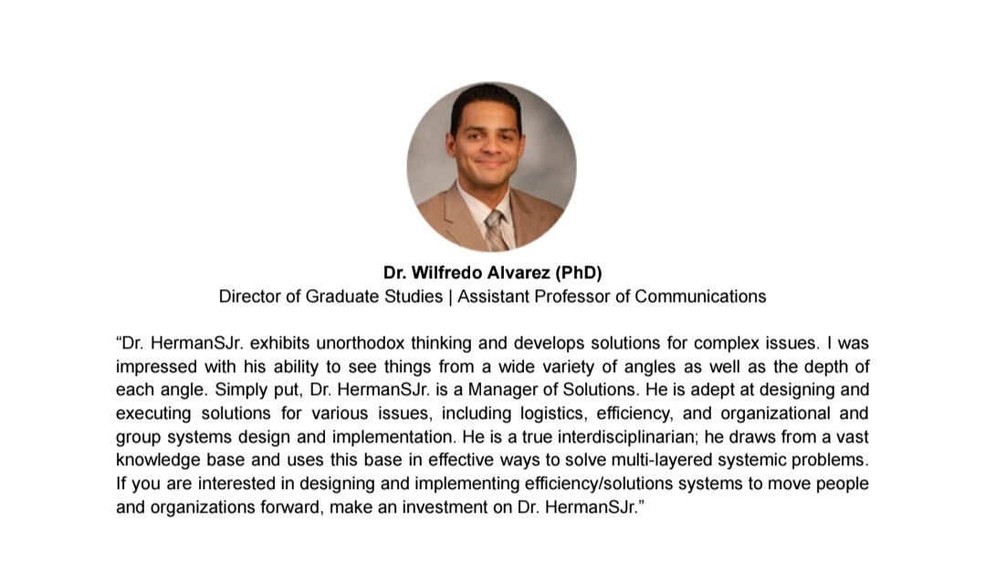 Testimonial For Dr. HermanSJr.: Dr. Wilfredo Alvarez