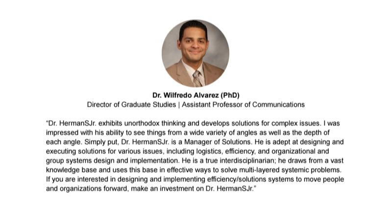 Testimonial For Dr. HermanSJr.: Dr. Wilfredo Alvarez