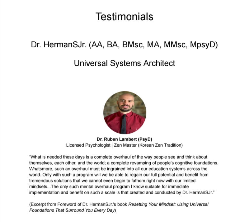 Testimonial For Dr. HermanSJr.: Dr. Ruben Lambert