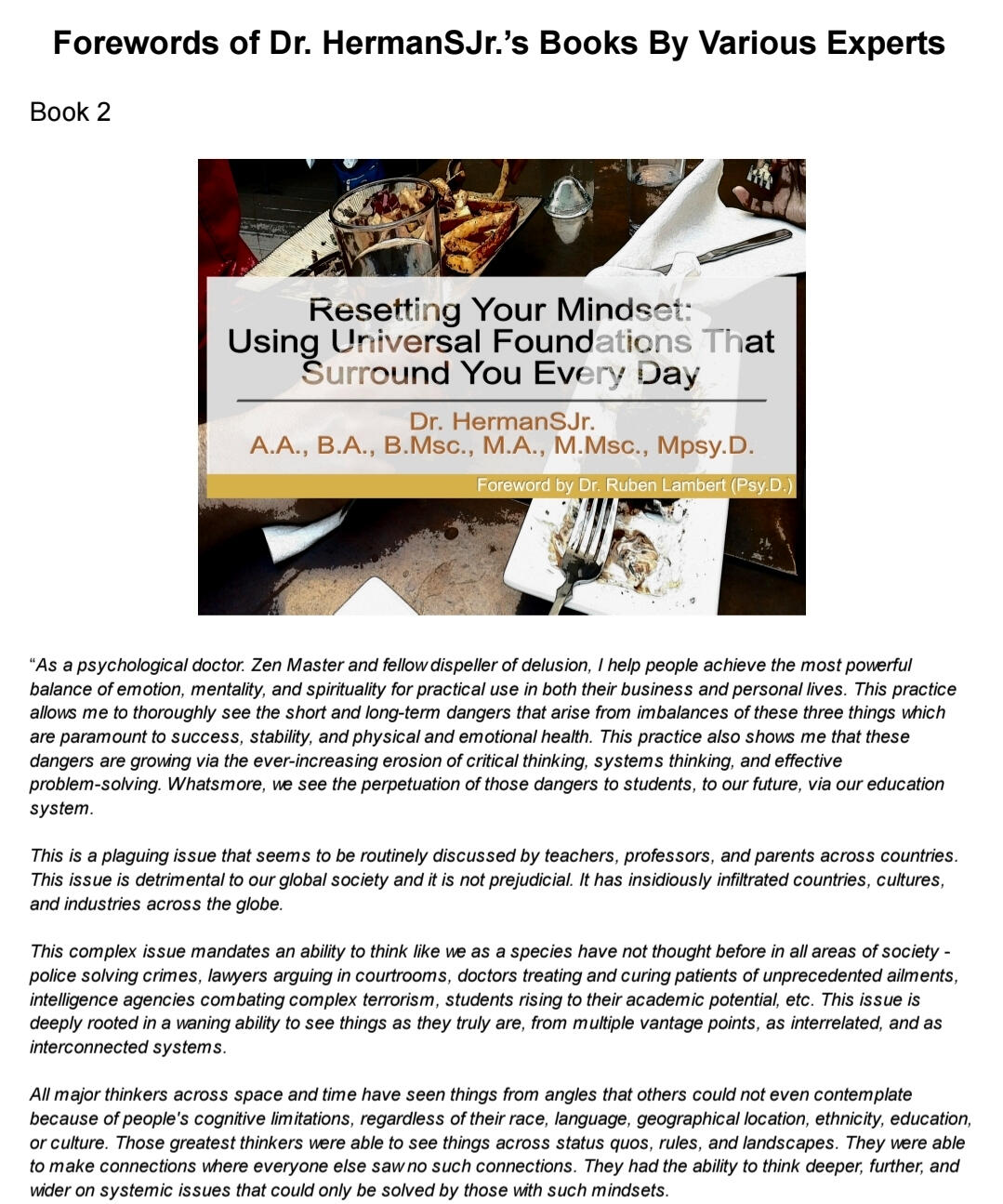 Forewords of Dr. HermanSJr.'s Books: Dr. Ruben Lambert (PsyD)
